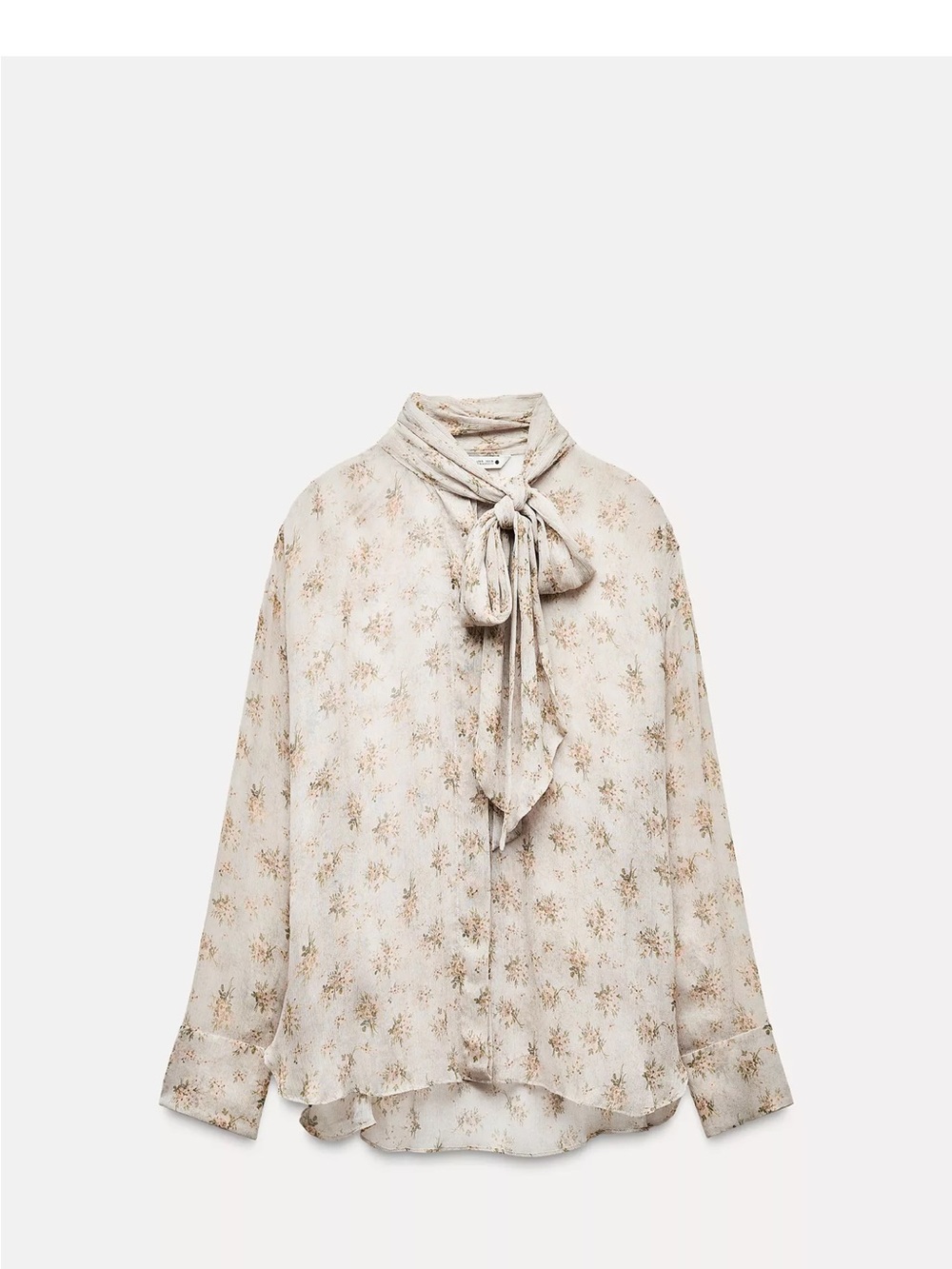 Zara Cream Floral Tie-Neck Blouse with Pale Brown Print